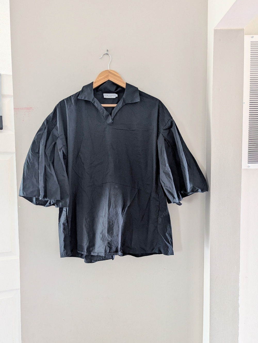 Harshman Black Collared Cotton Ruffle Sleeve Top Medium